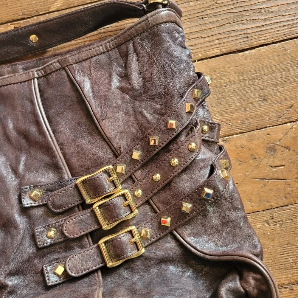 Treesje Dark Brown Leather Studded Multi Buckle Hobo Shoulder Bag Gold Hardware